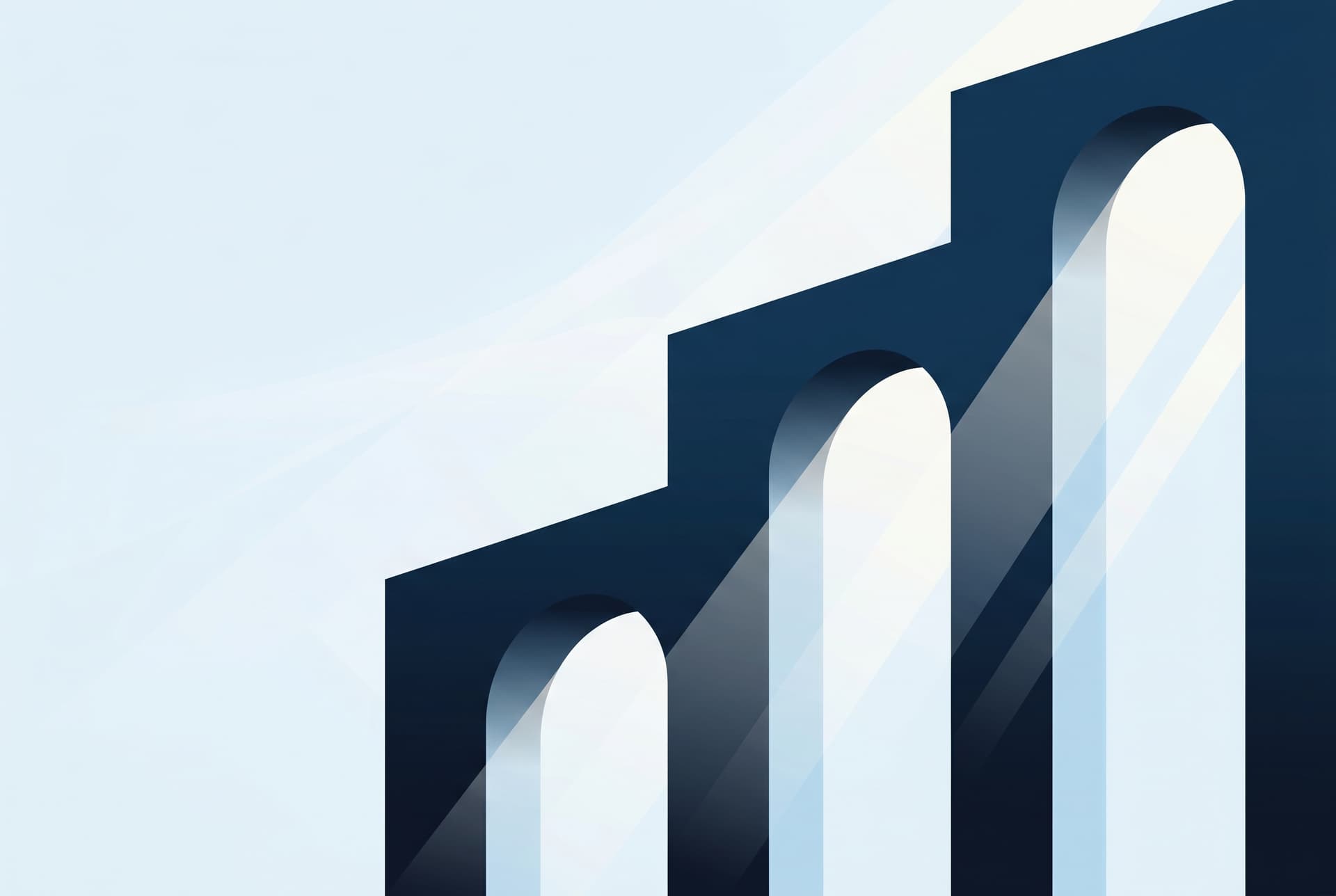Editorial illustration of three deep-navy architectural archways rising in measured rhythm against a pale ice-blue background, with soft diagonal first-light streaming between them.