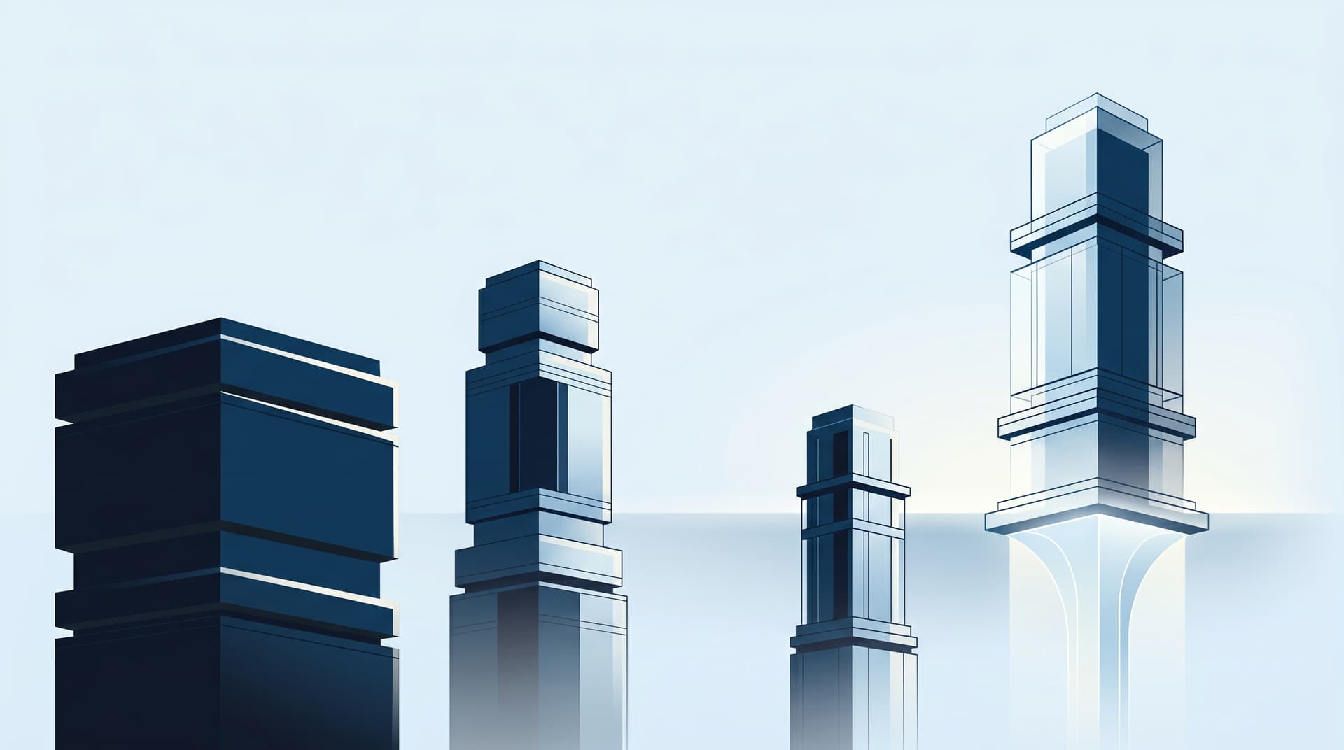 Editorial illustration of four stratified architectural columns at varying heights against a pale ice-blue background, representing four tiers of CRE underwriting platforms with the rightmost tier subtly elevated.