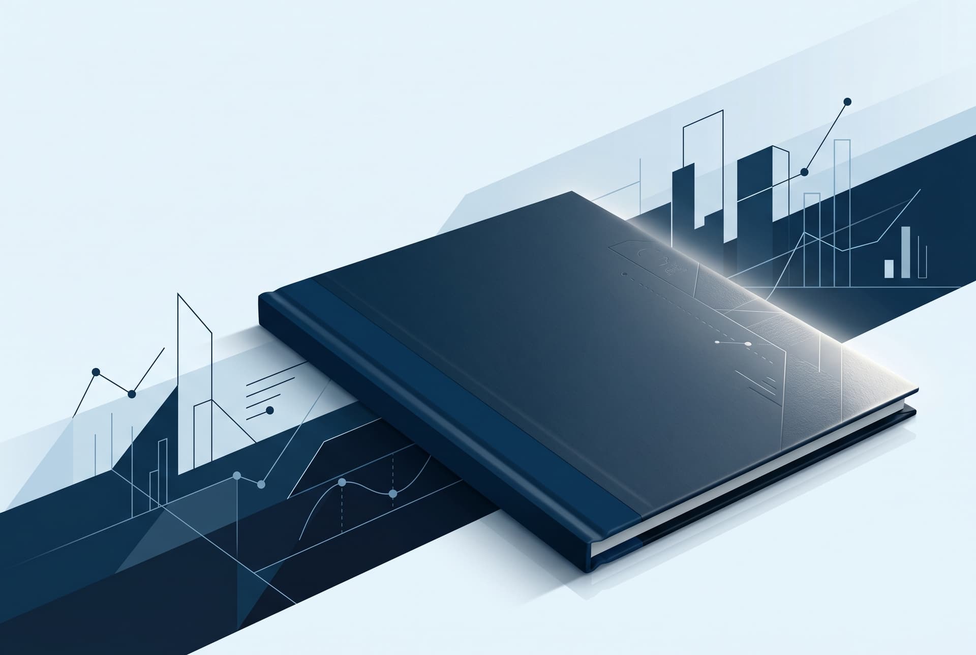Editorial illustration of a polished folio with deep-navy cover and rich-navy spine resting on a pale ice-blue surface, soft diagonal light catching one edge.