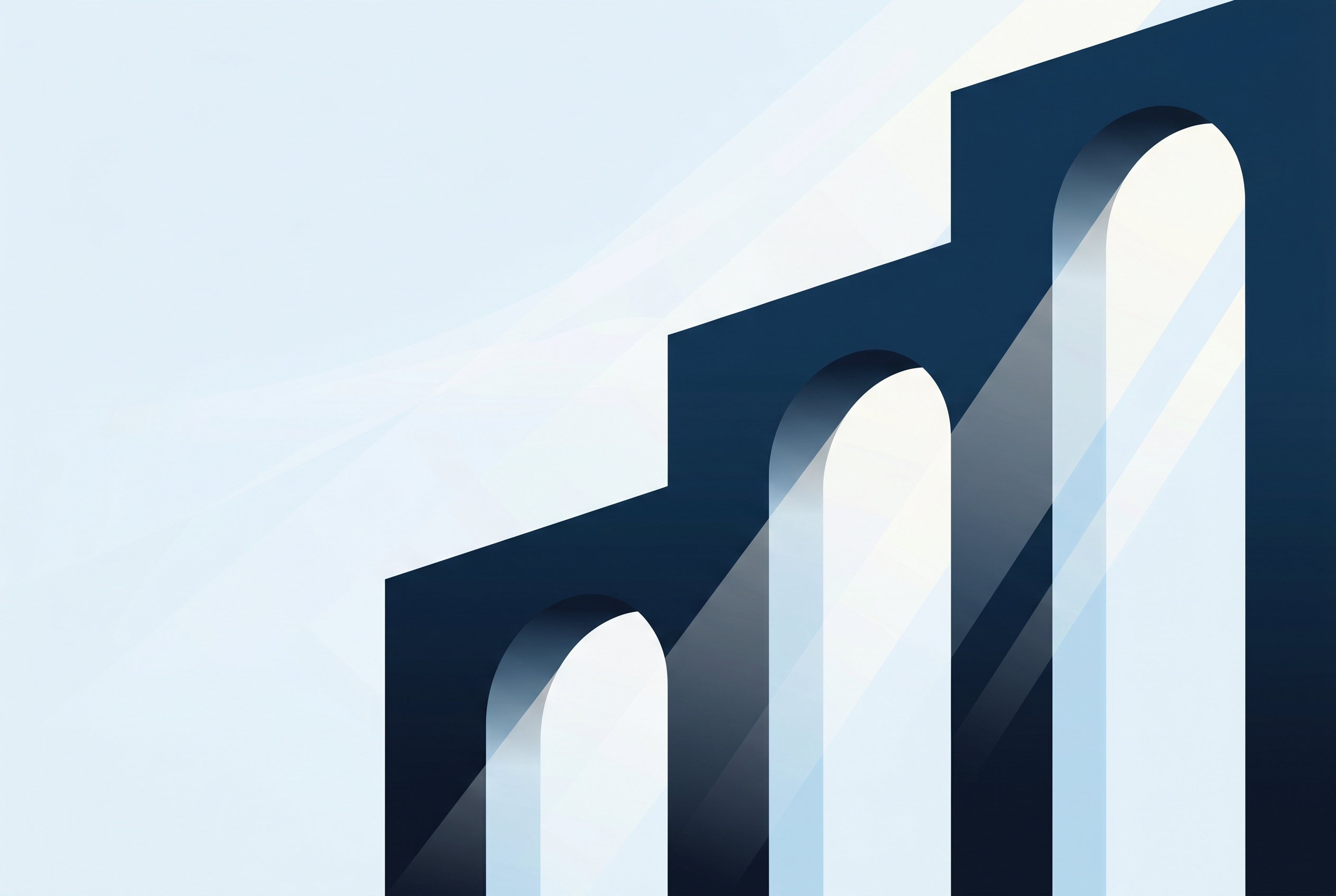 Editorial illustration of three deep-navy architectural archways rising in measured rhythm against a pale ice-blue background, with soft diagonal first-light streaming between them.