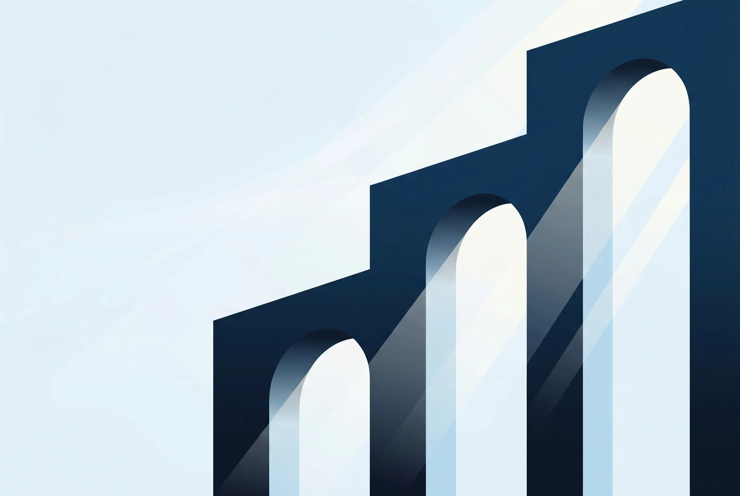 Editorial illustration of three deep-navy architectural archways rising in measured rhythm against a pale ice-blue background, with soft diagonal first-light streaming between them.