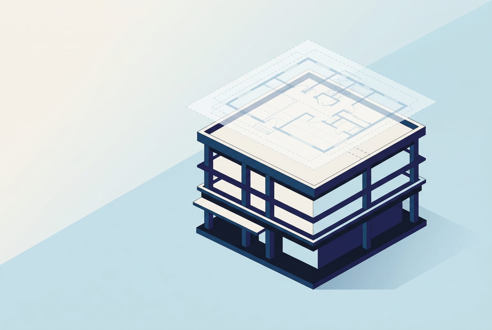 Isometric illustration of a mixed-use walk-up building with a floor-plan blueprint layer floating above one mismatched upper floor.