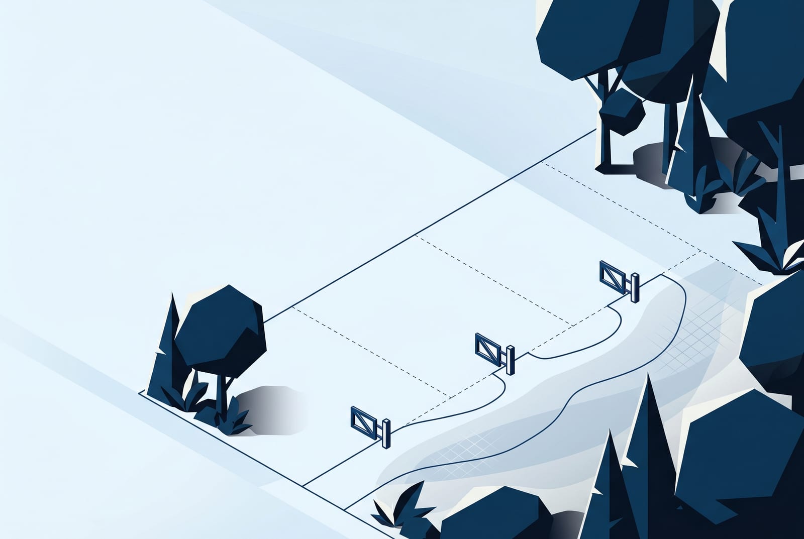 Isometric illustration of a wooded parcel divided by dashed subdivision lines with three gated checkpoints along a path.