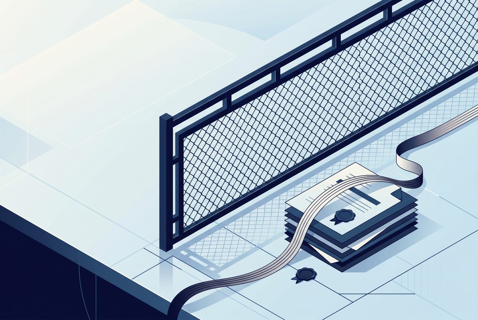 Isometric illustration of a fenced vacant lot beside a stack of sealed legal documents, evoking liens and violations on raw land.