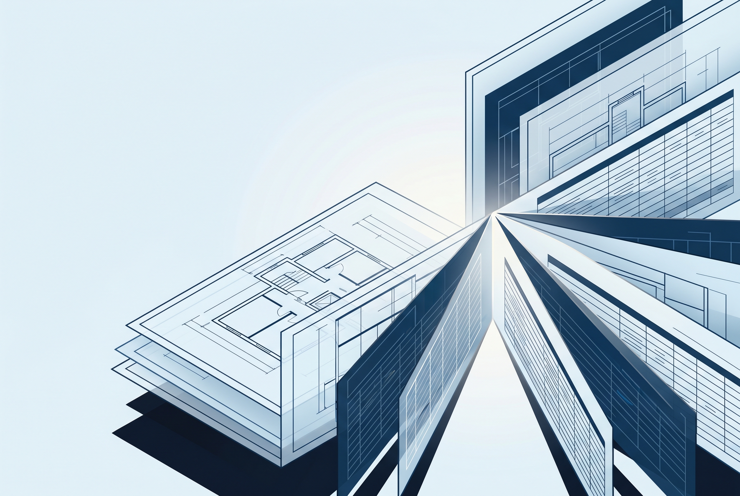 Editorial isometric illustration of stacked architectural blueprints converging into one focal axis.