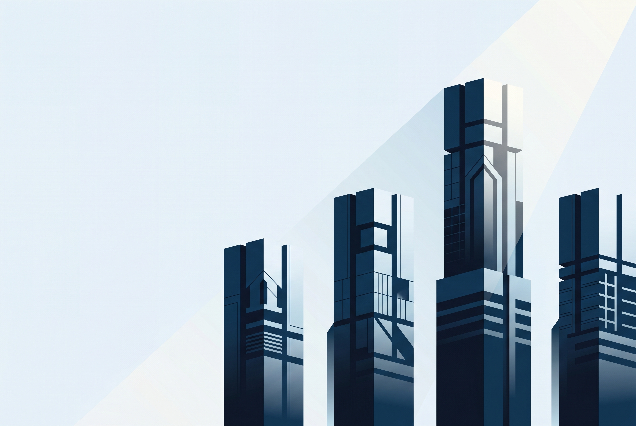 Editorial illustration of four stratified architectural columns at varying heights against a pale ice-blue background.