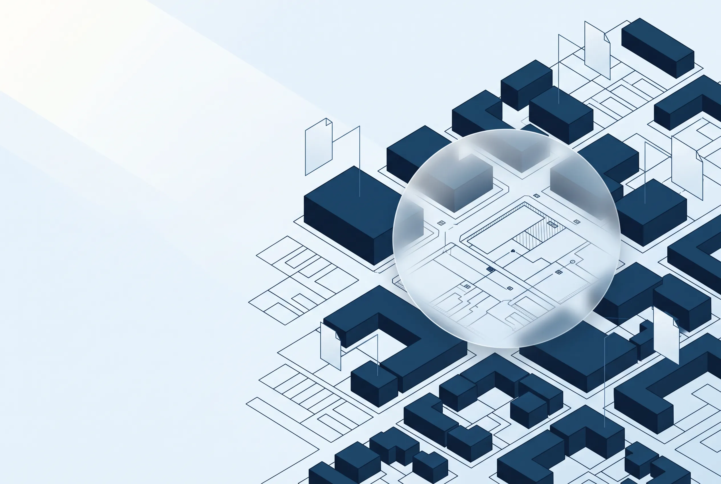 Editorial illustration of a deep-navy city district drawn as an architectural map, a frosted-glass lens revealing parcel and zoning linework over one block, on a pale ice-blue gradient.