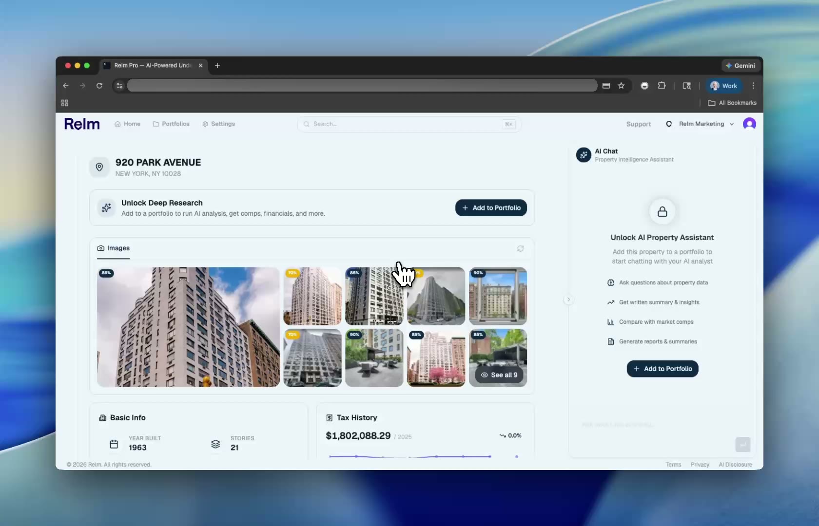 The Relm workspace — a fully sourced property analysis with a 10-year pro forma.