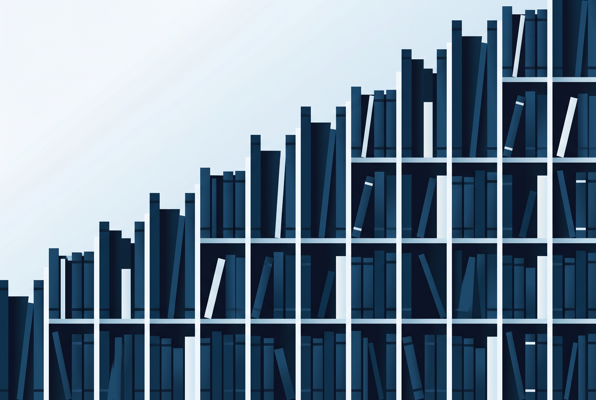 Editorial illustration of a library wall of vertical reference volumes in deep navy and rich navy, varying in height against a pale ice-blue gradient.