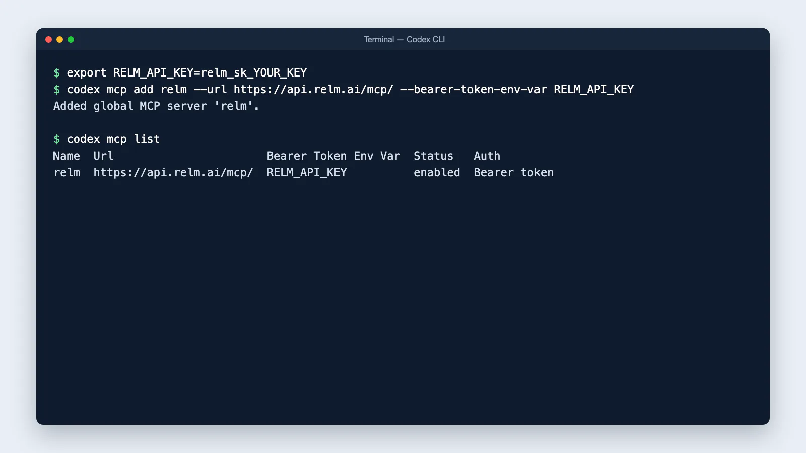 Codex CLI adding relm and listing it enabled with a Bearer token