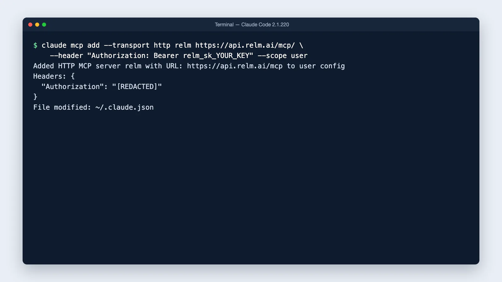 Terminal showing claude mcp add confirming the relm server was added to the user config