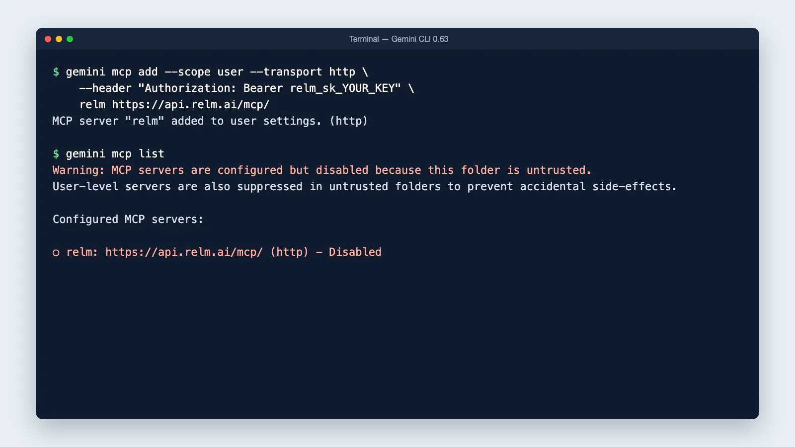 Gemini CLI adding relm, then listing it disabled in an untrusted folder