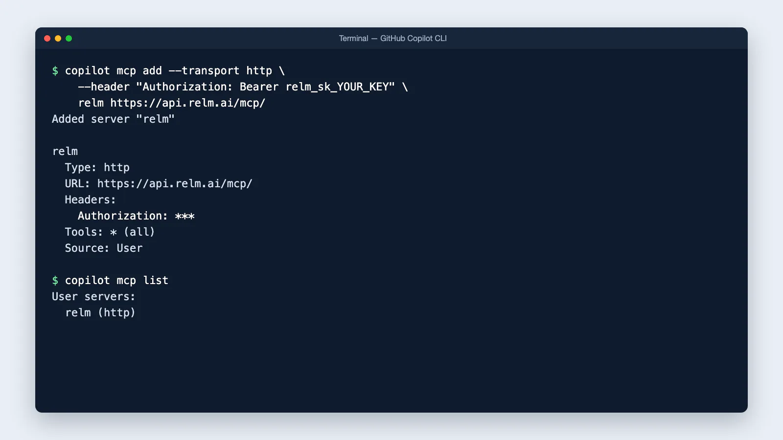 Copilot CLI adding relm as an HTTP server with all tools