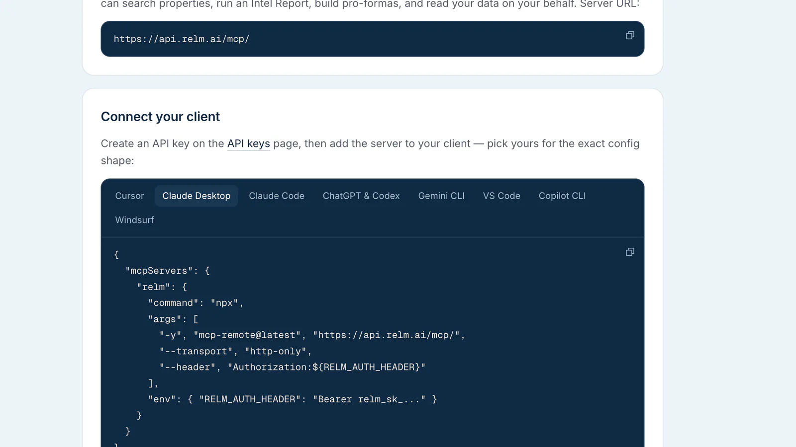 Relm Settings, Developer, MCP page showing the server address and per-client setup tabs