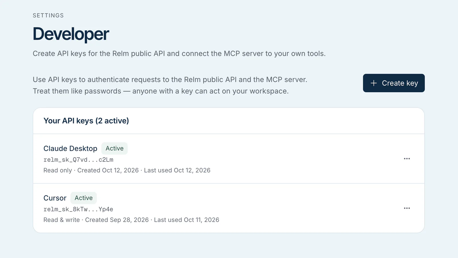 Relm Developer settings listing two API keys with access level and last use