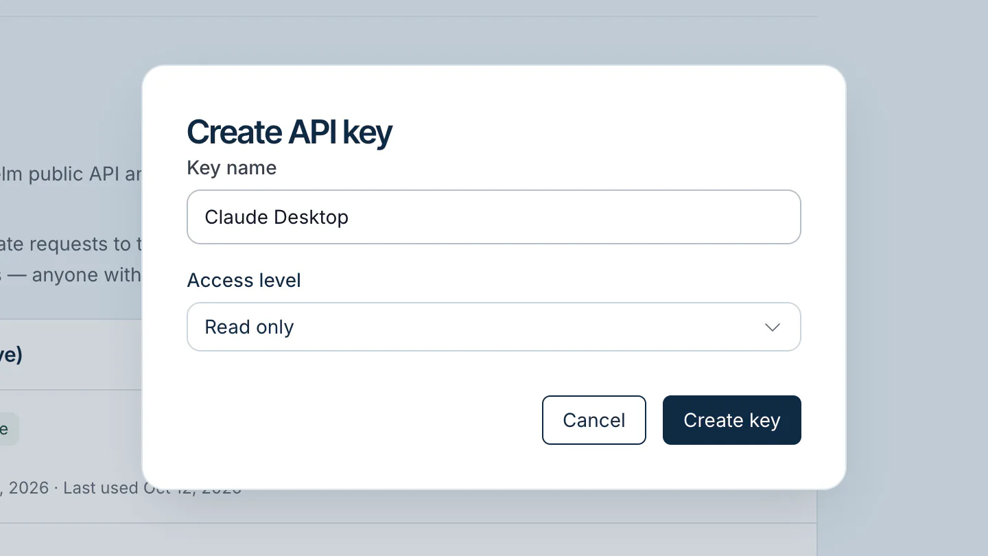 Create API key window with the name Claude Desktop and Read only access selected