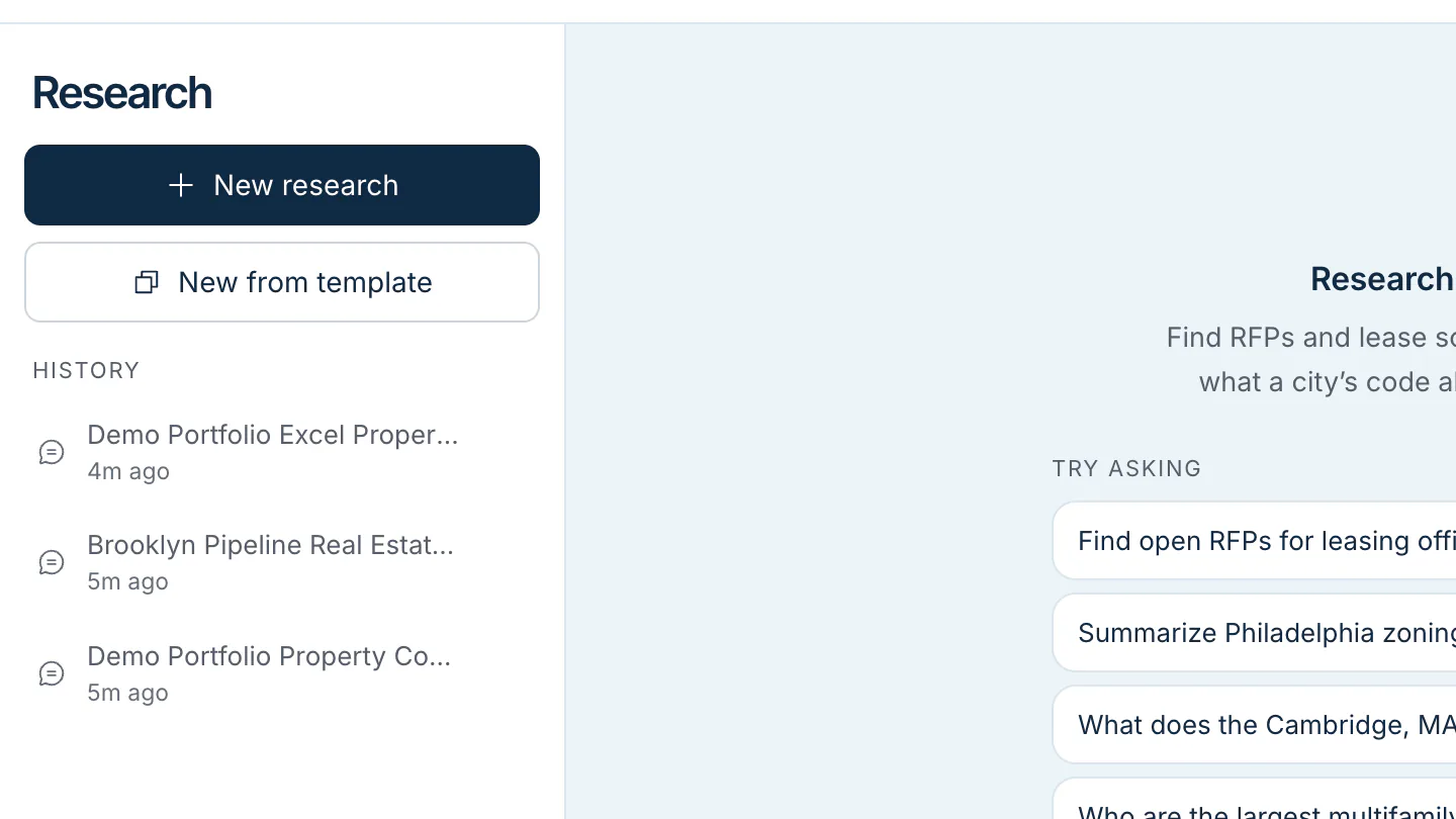 Research sidebar with New research, New from template and the history list