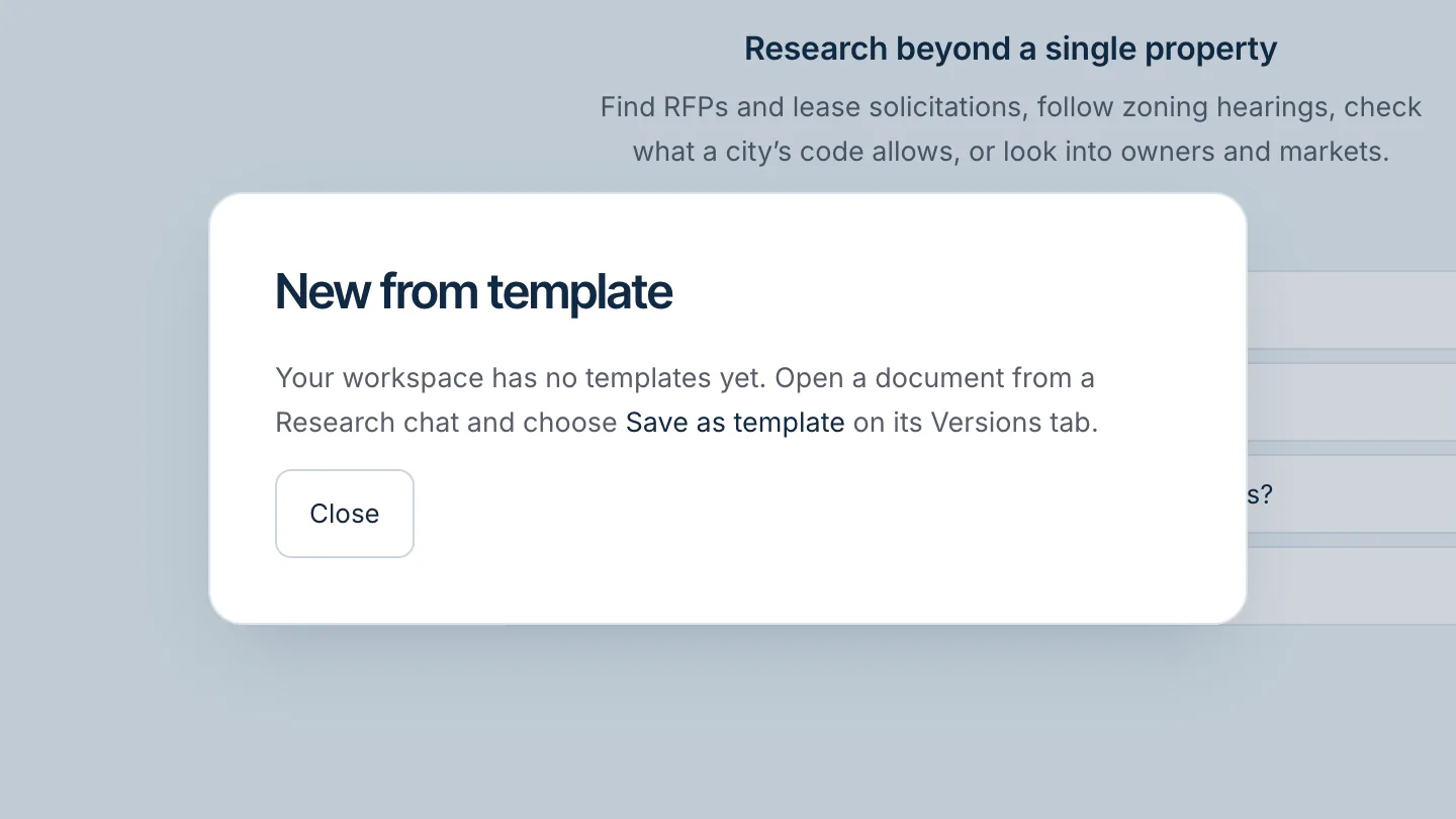 New from template window listing the reports and workbooks saved as templates