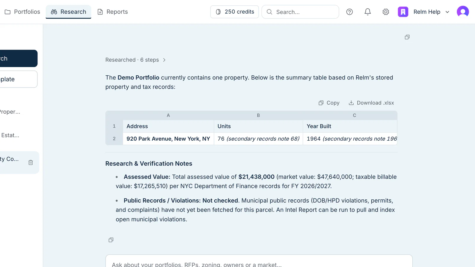 Research answer comparing Demo Portfolio properties in a spreadsheet table with sourced notes