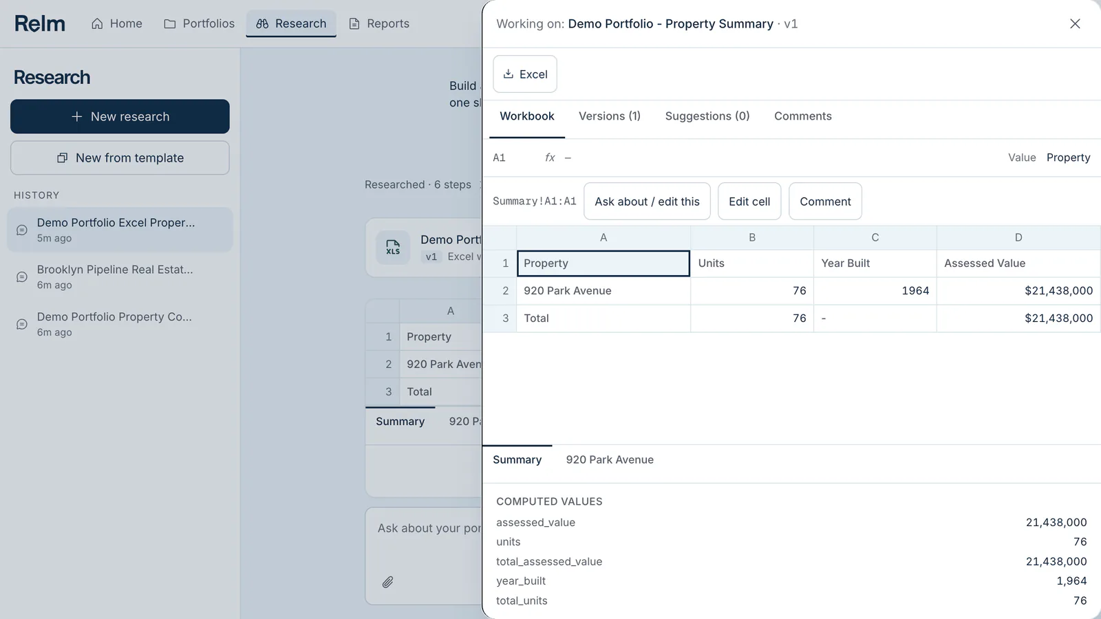 A Research workbook open in the panel beside the chat, with sheets and versions