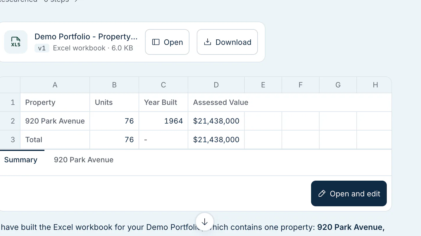 Excel workbook card in the Research chat with a sheet preview and Open and edit