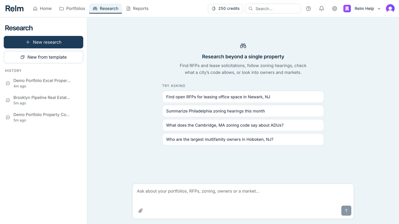 Relm Research page with example questions about RFPs, zoning codes and owners