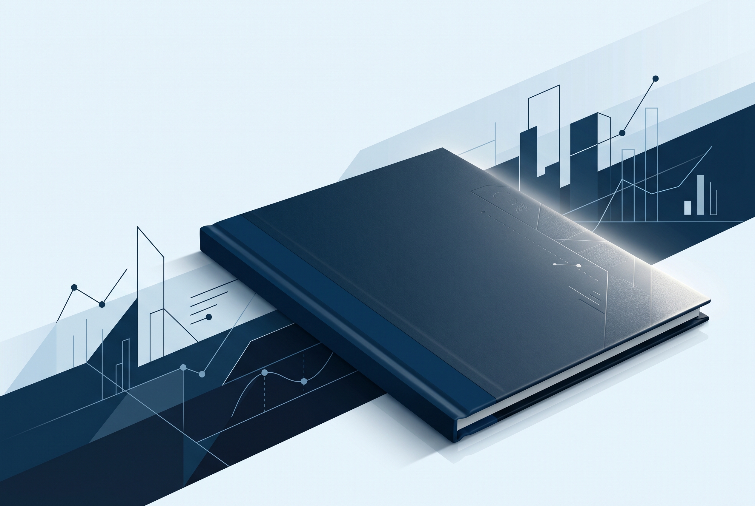Editorial illustration of a polished folio with deep-navy cover and rich-navy spine resting on a pale ice-blue surface, soft diagonal light catching one edge.
